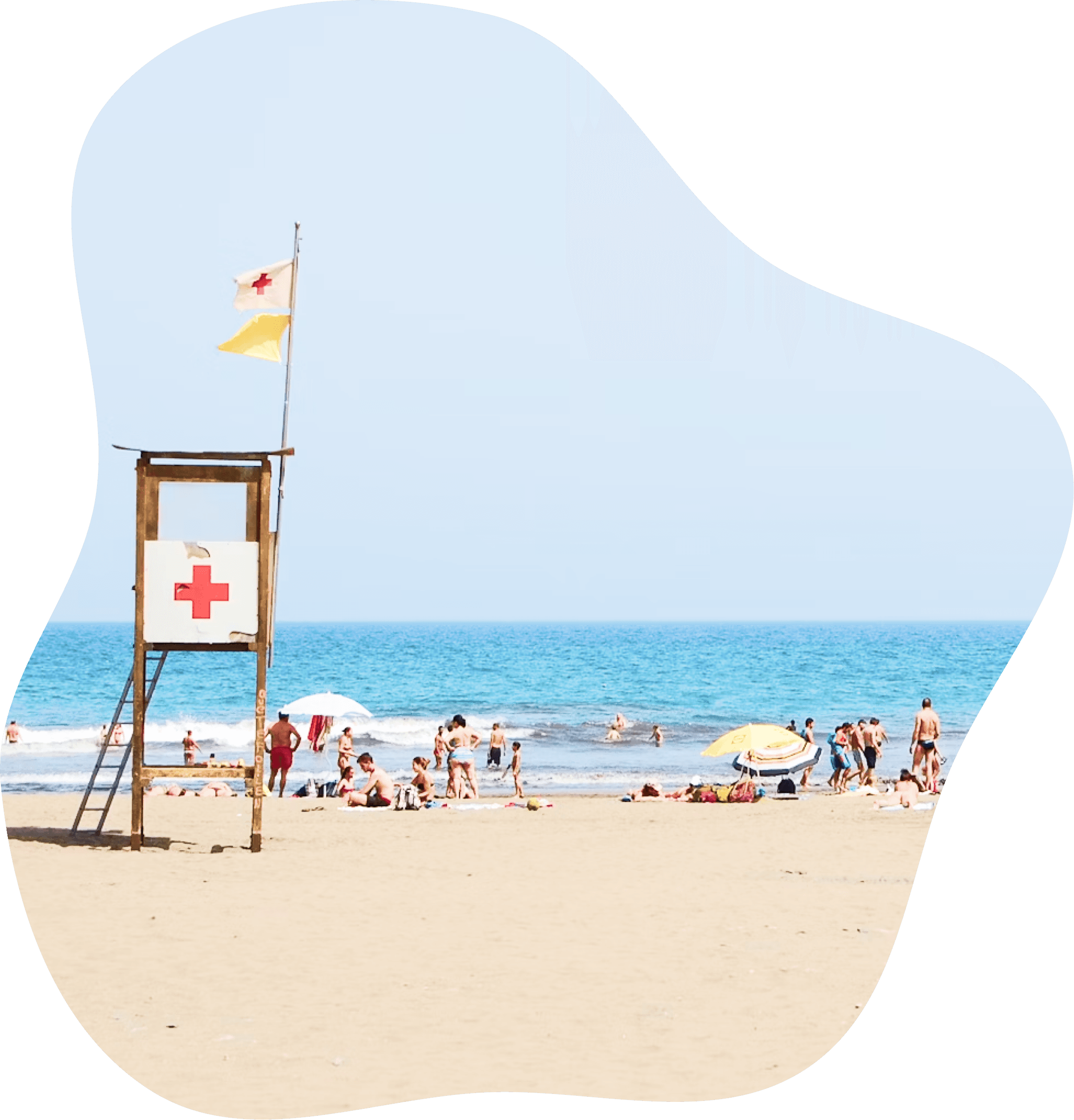 Image of beach with lifeguard post.